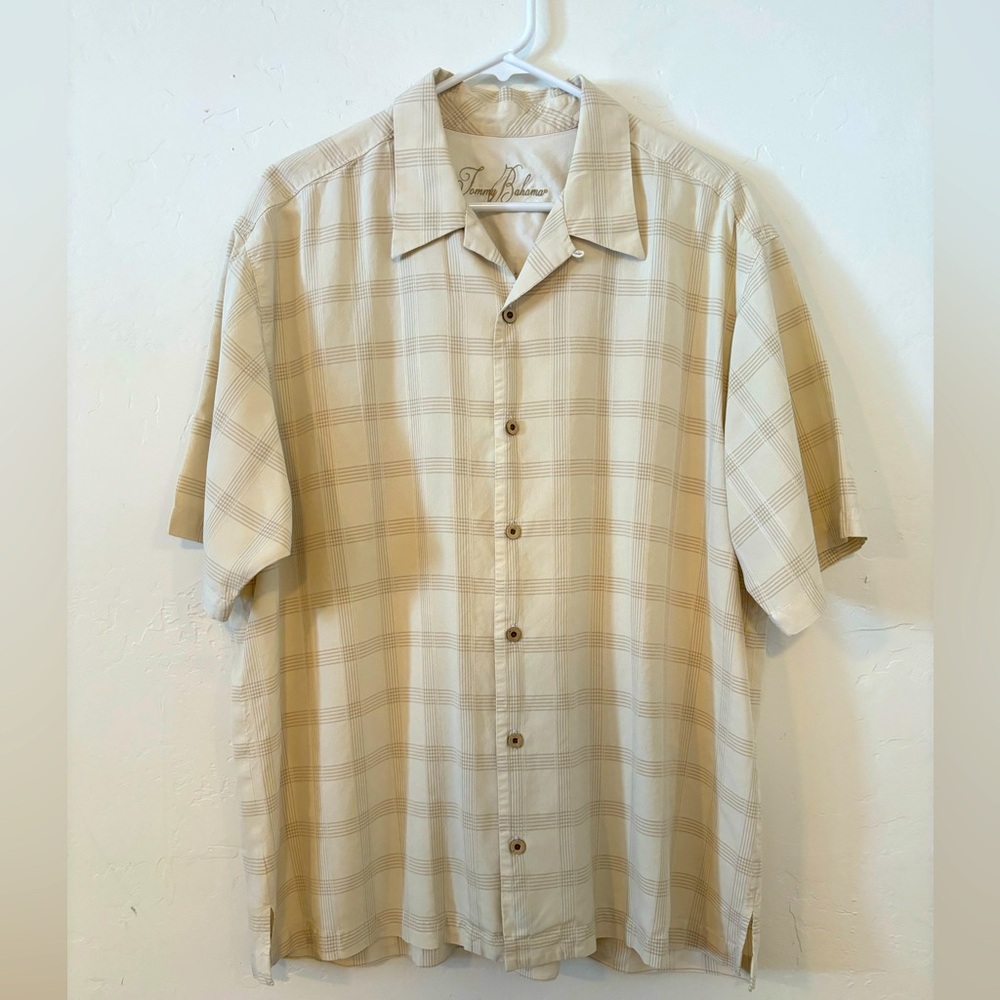 FINAL! TOMMY BAHAMA CLASSIC TAN BEIGE PLAID SHIRT